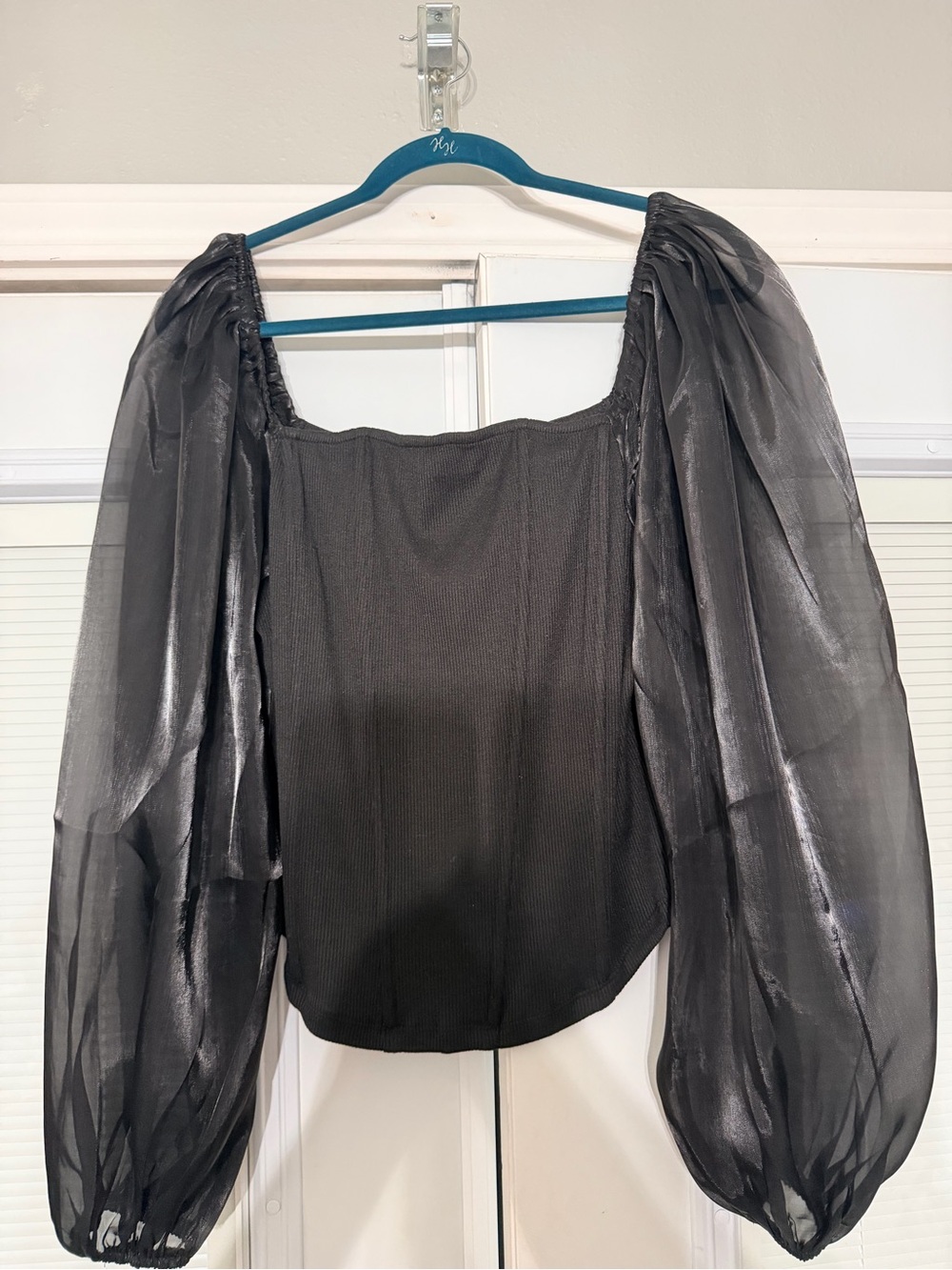 ODDI Square Neck Ribbed Corset Knit Top with Sheer Balloon Sleeves